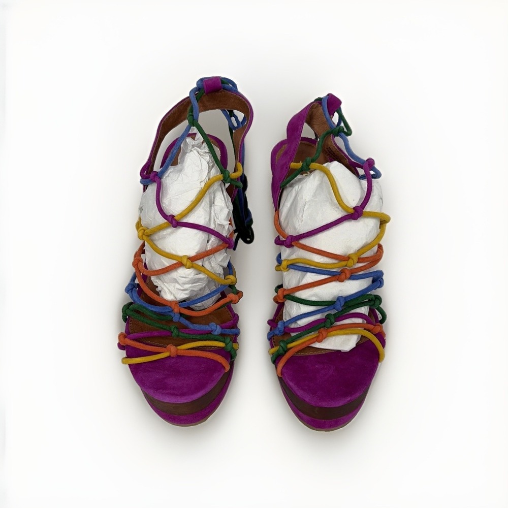 Shellys London Jazz Bright Multi Suede Platform Wedge Sandals Size 6.5 EU37 S1